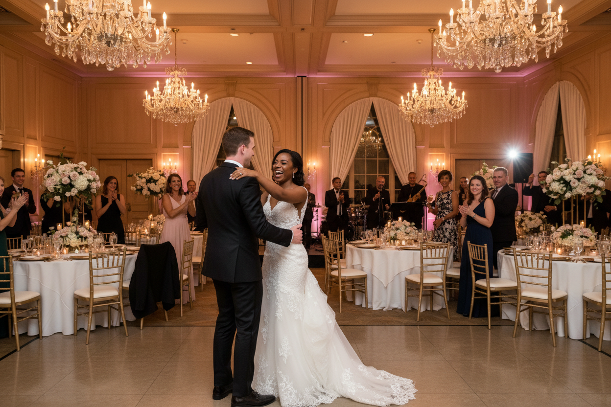 african american bride and white male groom at ballroom reception