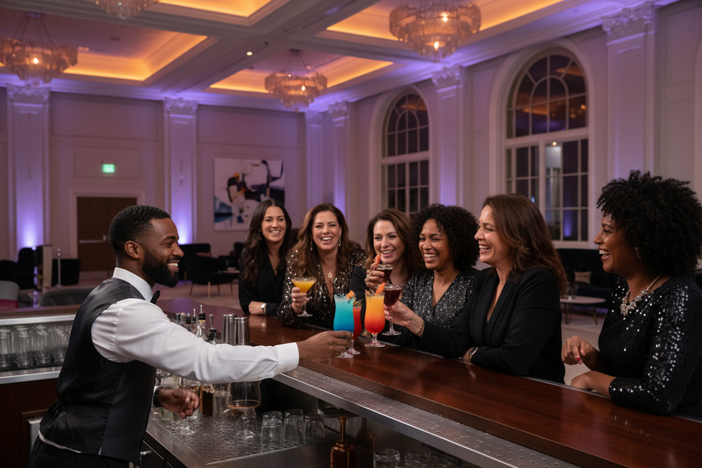 Black man bartender at event hall handing cocktails to a group of Spanish and black   middle age women