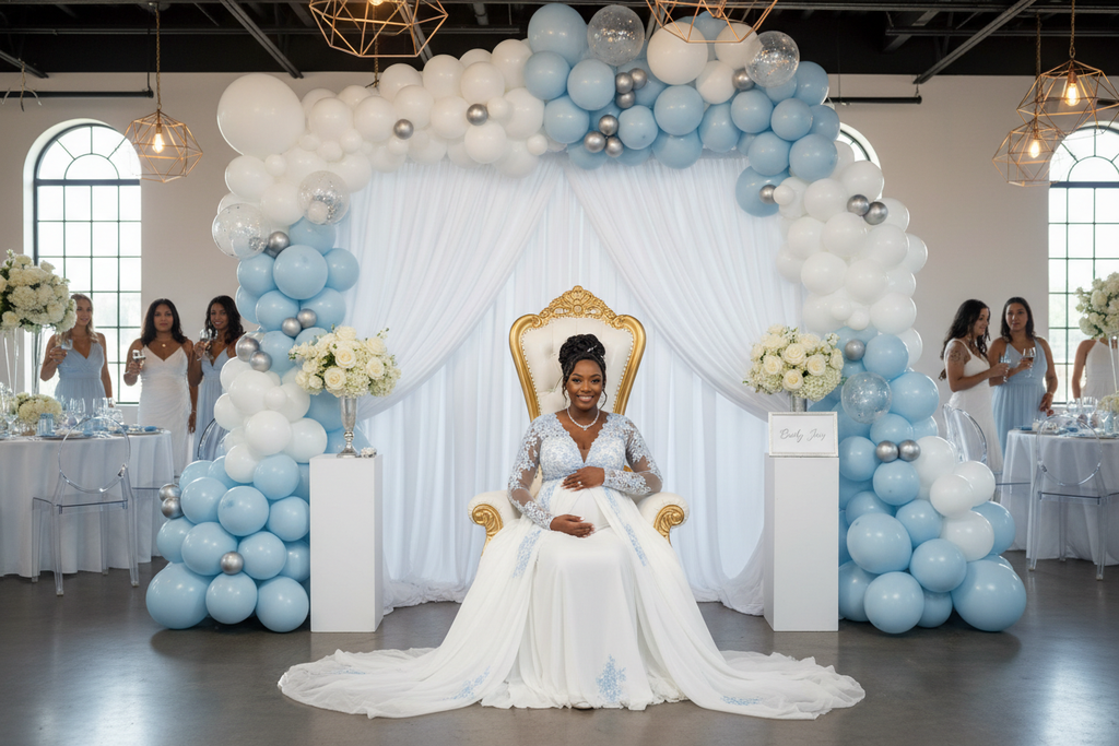 pregnant black woman in throne chair at baby shower in an modern event center with white and baby blue drapes and balloon display behind her