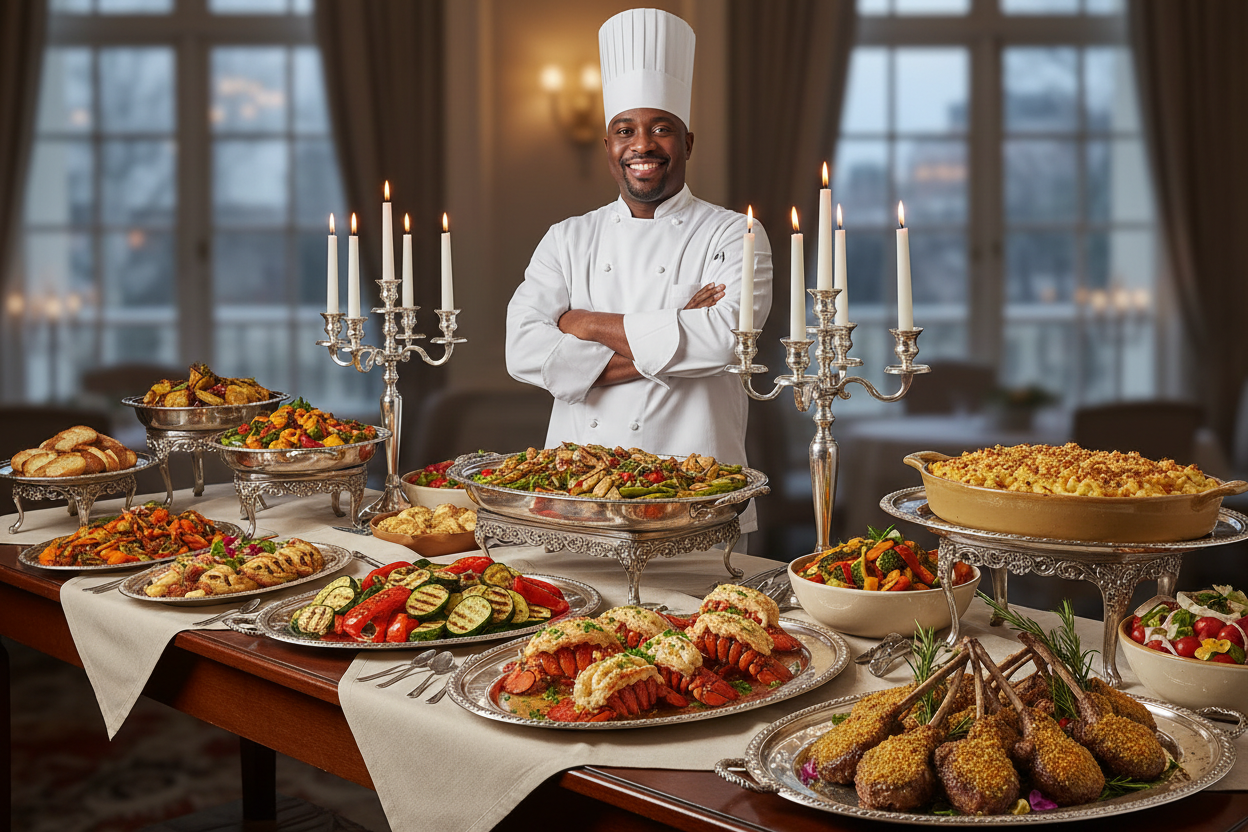 show an amazing catering spread that includes grilled veggies, lobster tails, mac and cheese, lamb chops with a black chef overlooking the display