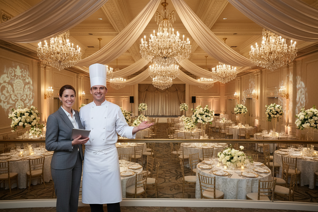show event planner and catering chef overlook an amazing decorated ballroom